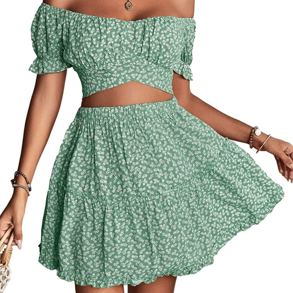 Floral Off Shoulder Tie Up Crop Top and Mini Skirt (Two Piece)